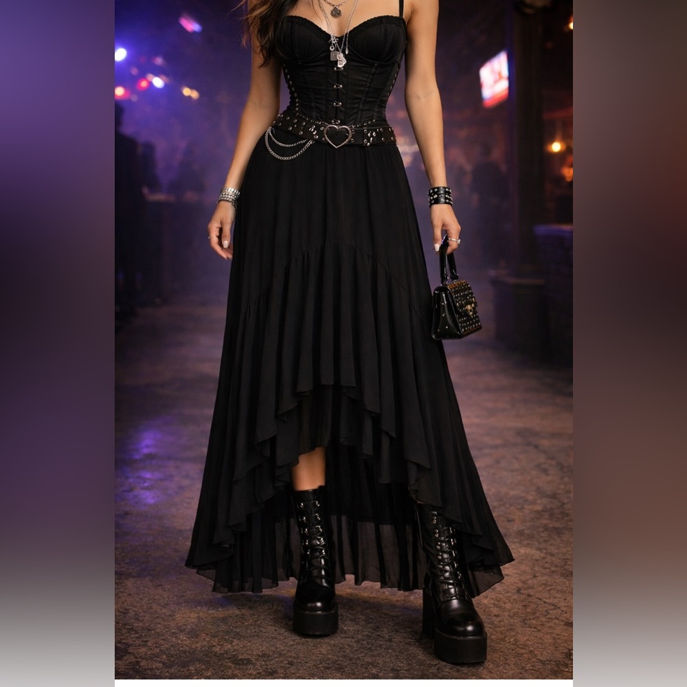 Fuzzi Black High-Low Ruffle Maxi Skirt - XS